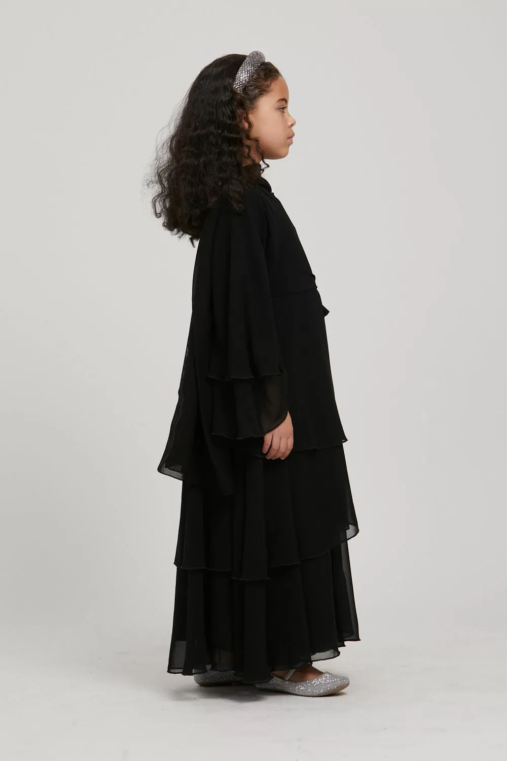 Junior Girls Chiffon Layered Open Abaya - Black