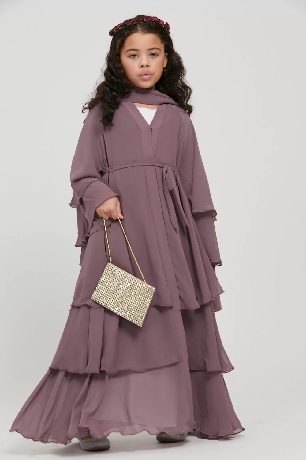 Junior Girls Chiffon Layered Open Abaya - Mauve