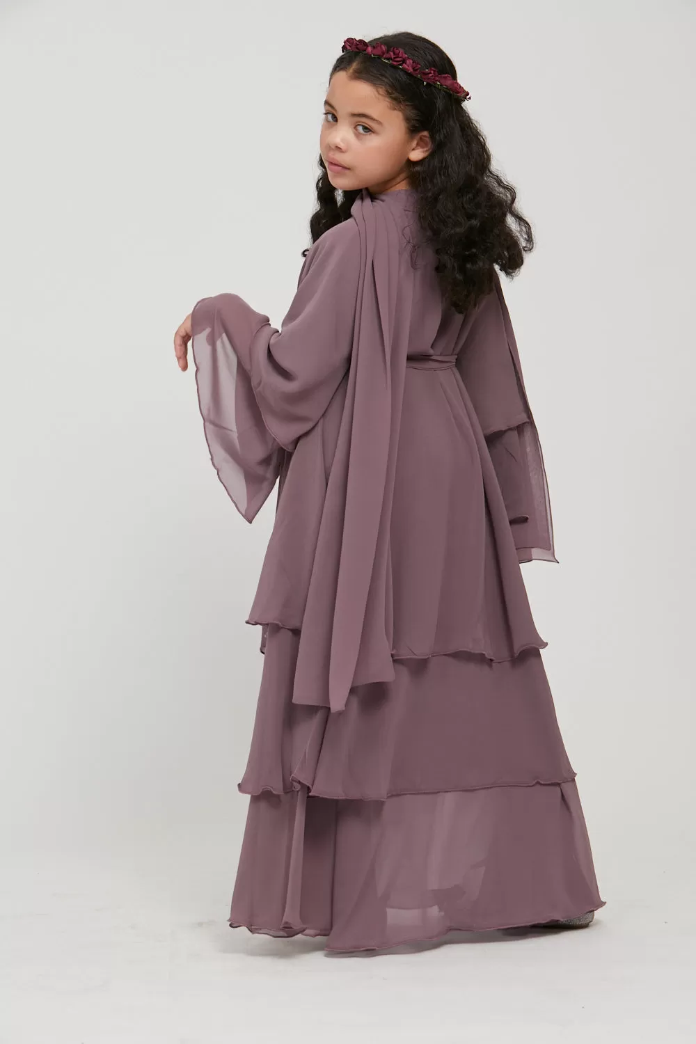 Junior Girls Chiffon Layered Open Abaya - Mauve