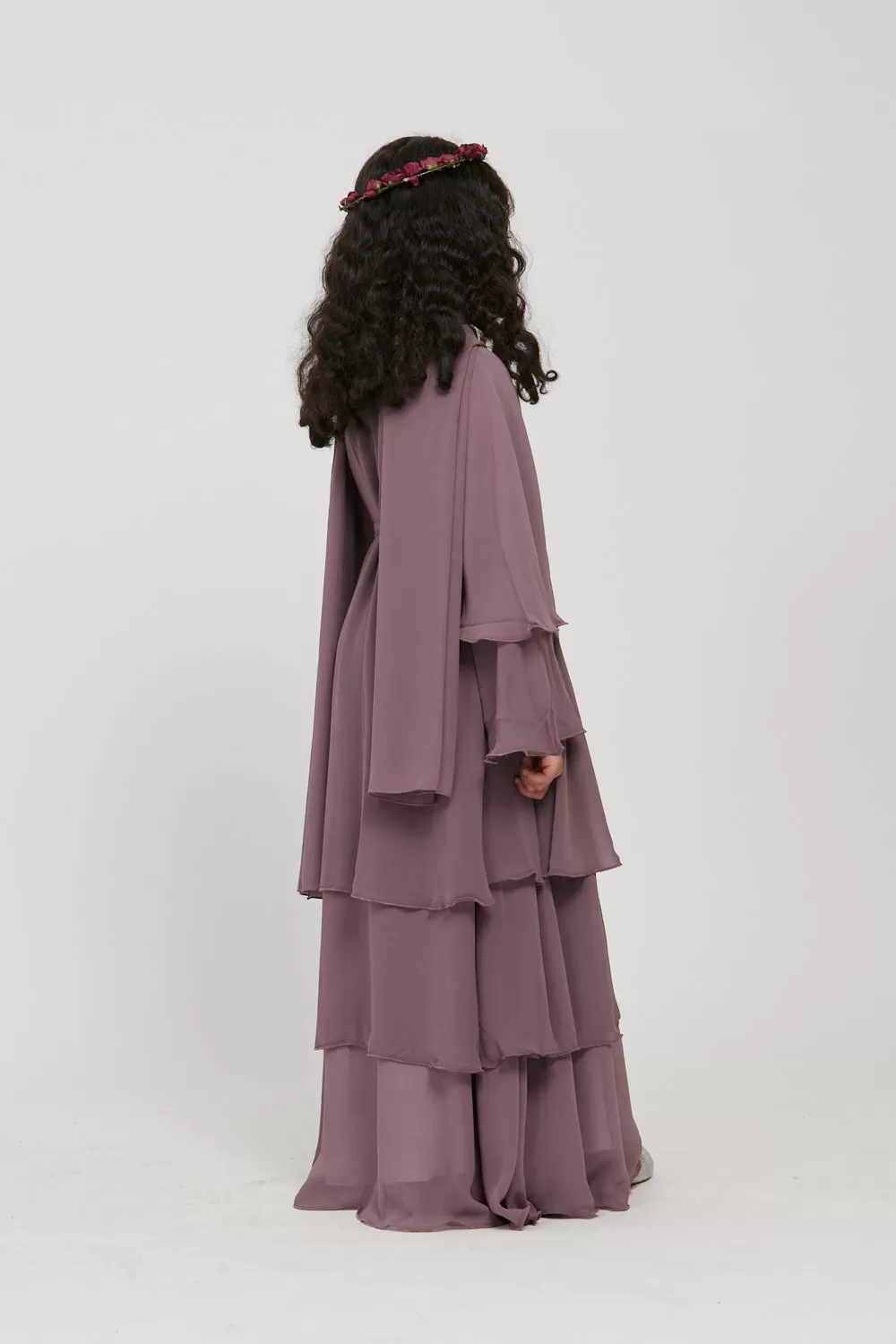 Junior Girls Chiffon Layered Open Abaya - Mauve