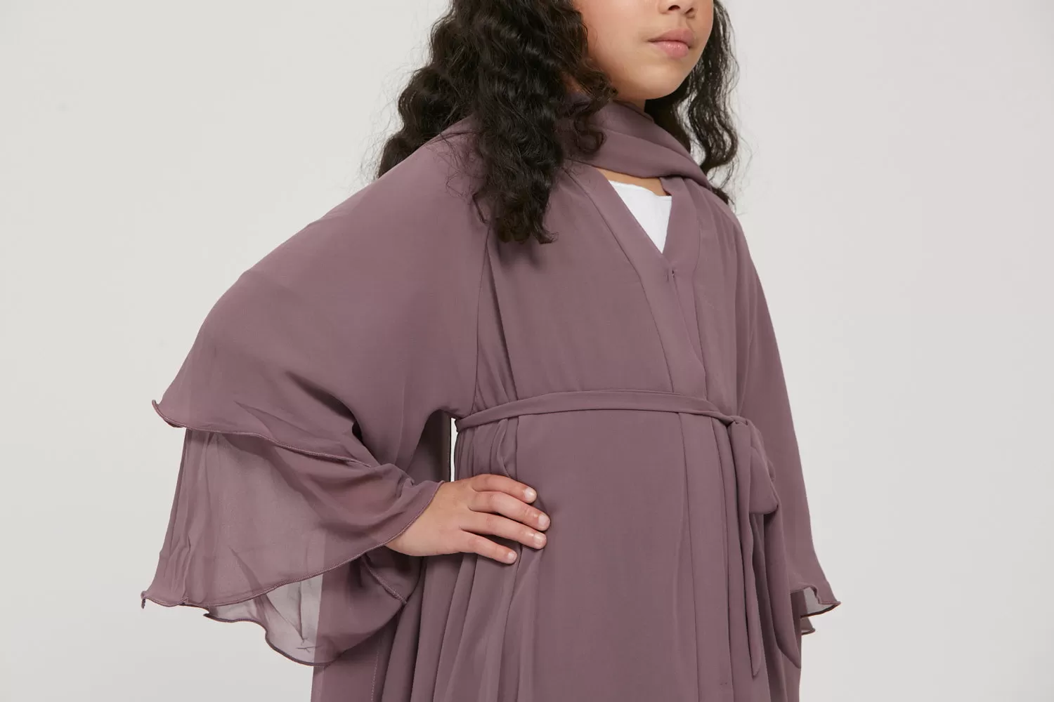 Junior Girls Chiffon Layered Open Abaya - Mauve