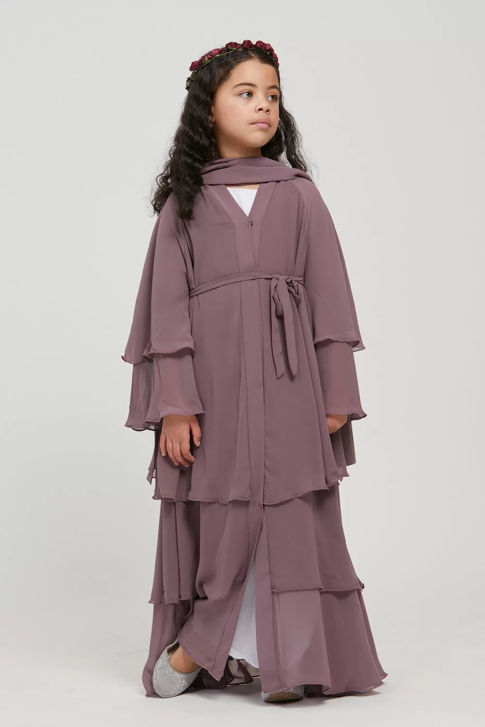 Junior Girls Chiffon Layered Open Abaya - Mauve