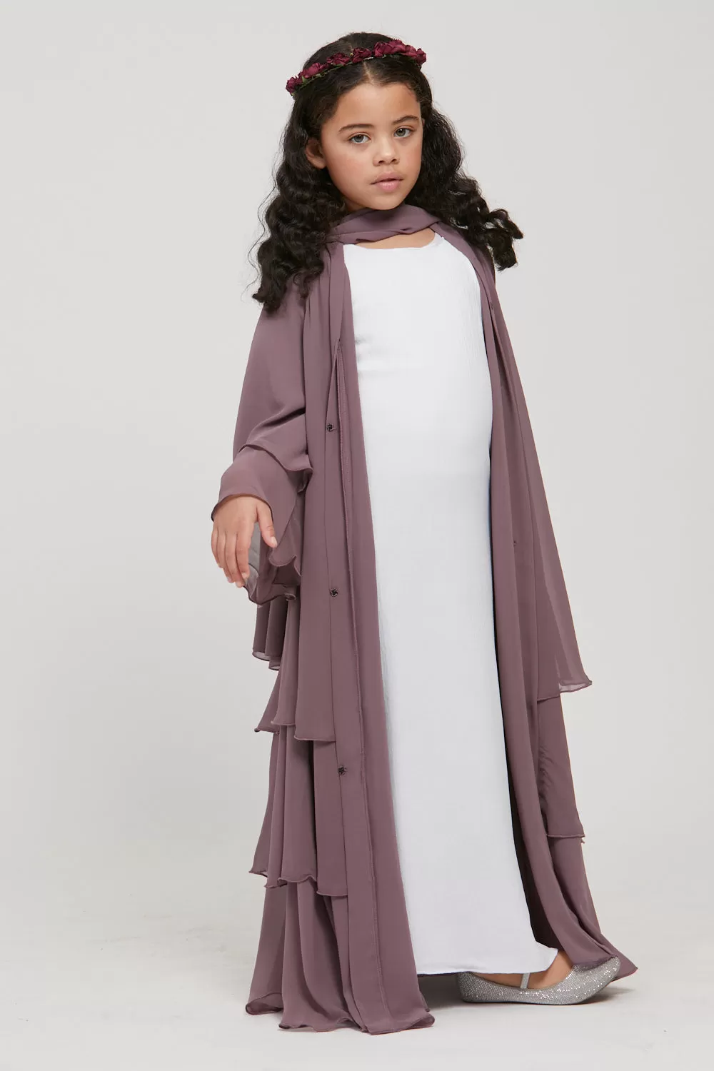 Junior Girls Chiffon Layered Open Abaya - Mauve