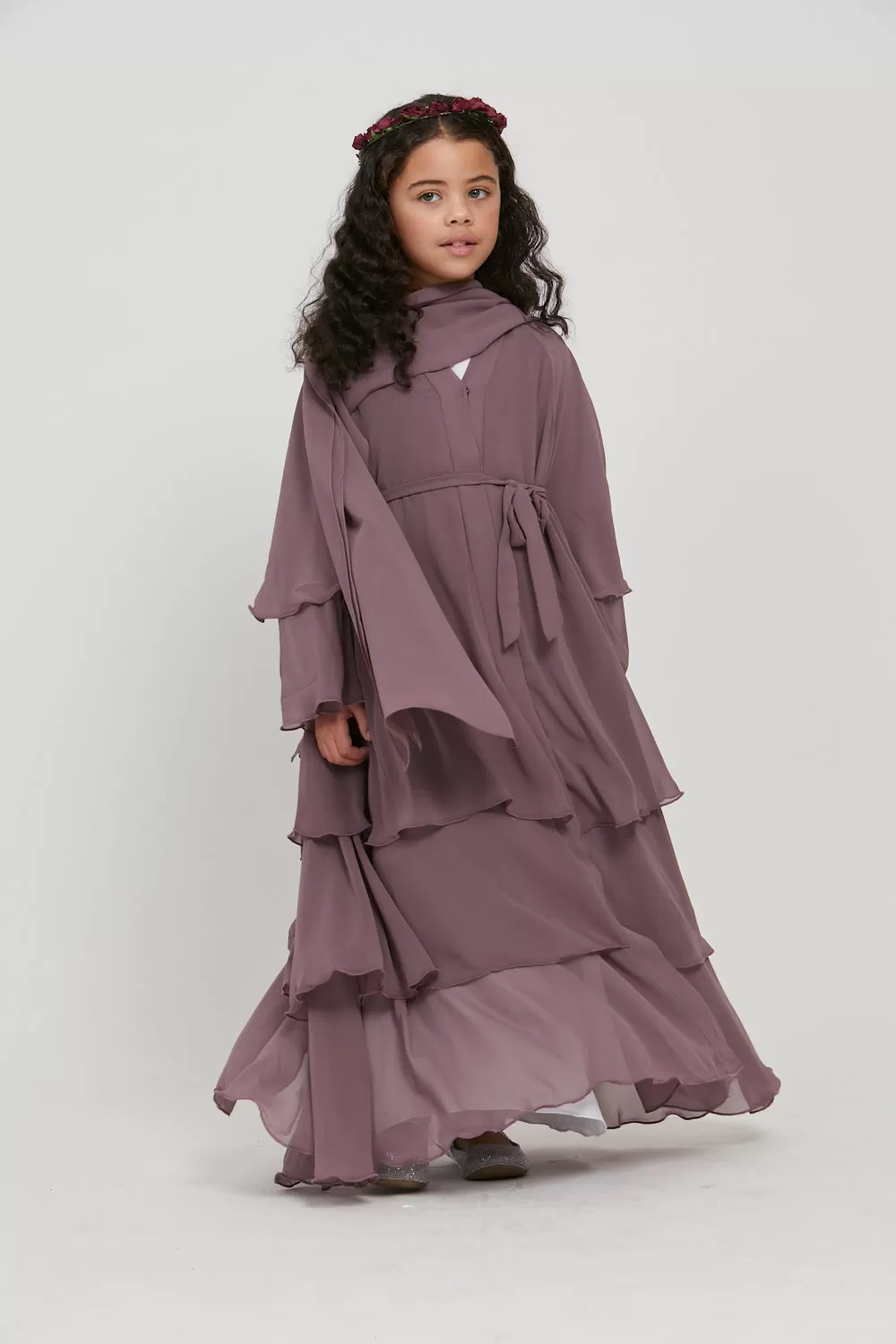 Junior Girls Chiffon Layered Open Abaya - Mauve