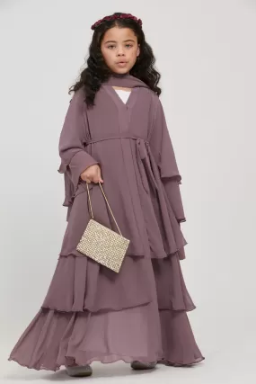 Junior Girls Chiffon Layered Open Abaya - Mauve