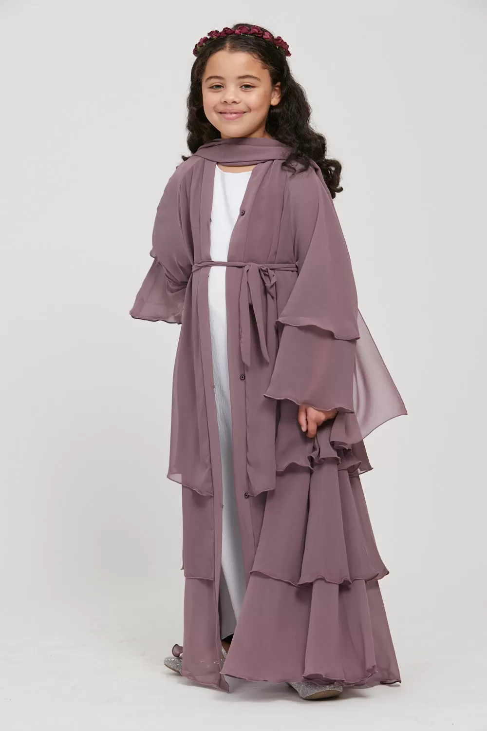 Junior Girls Chiffon Layered Open Abaya - Mauve