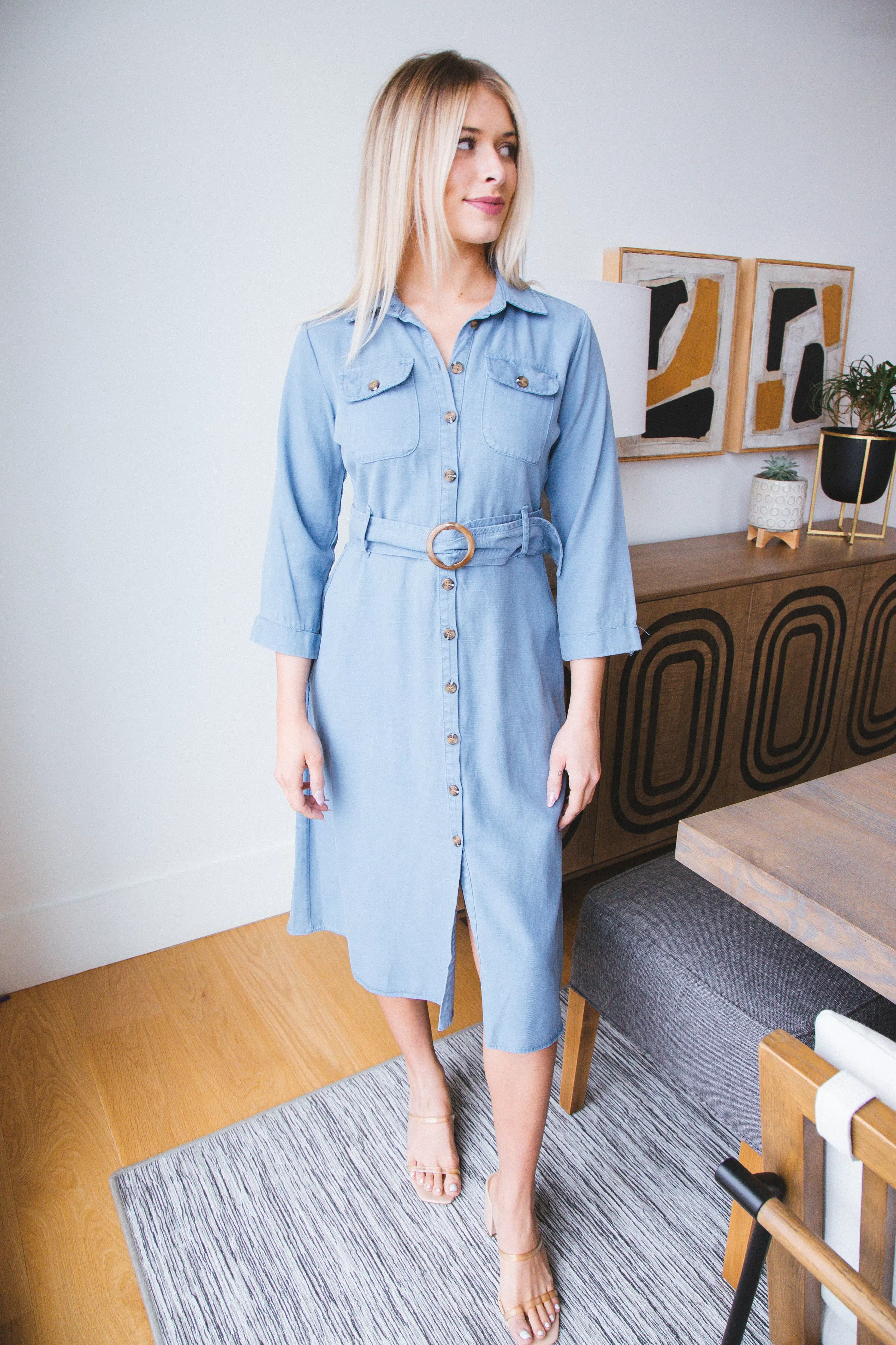 Katia Belted Button Up Midi Dress, Vintage Blue | Velvet Heart