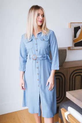 Katia Belted Button Up Midi Dress, Vintage Blue | Velvet Heart