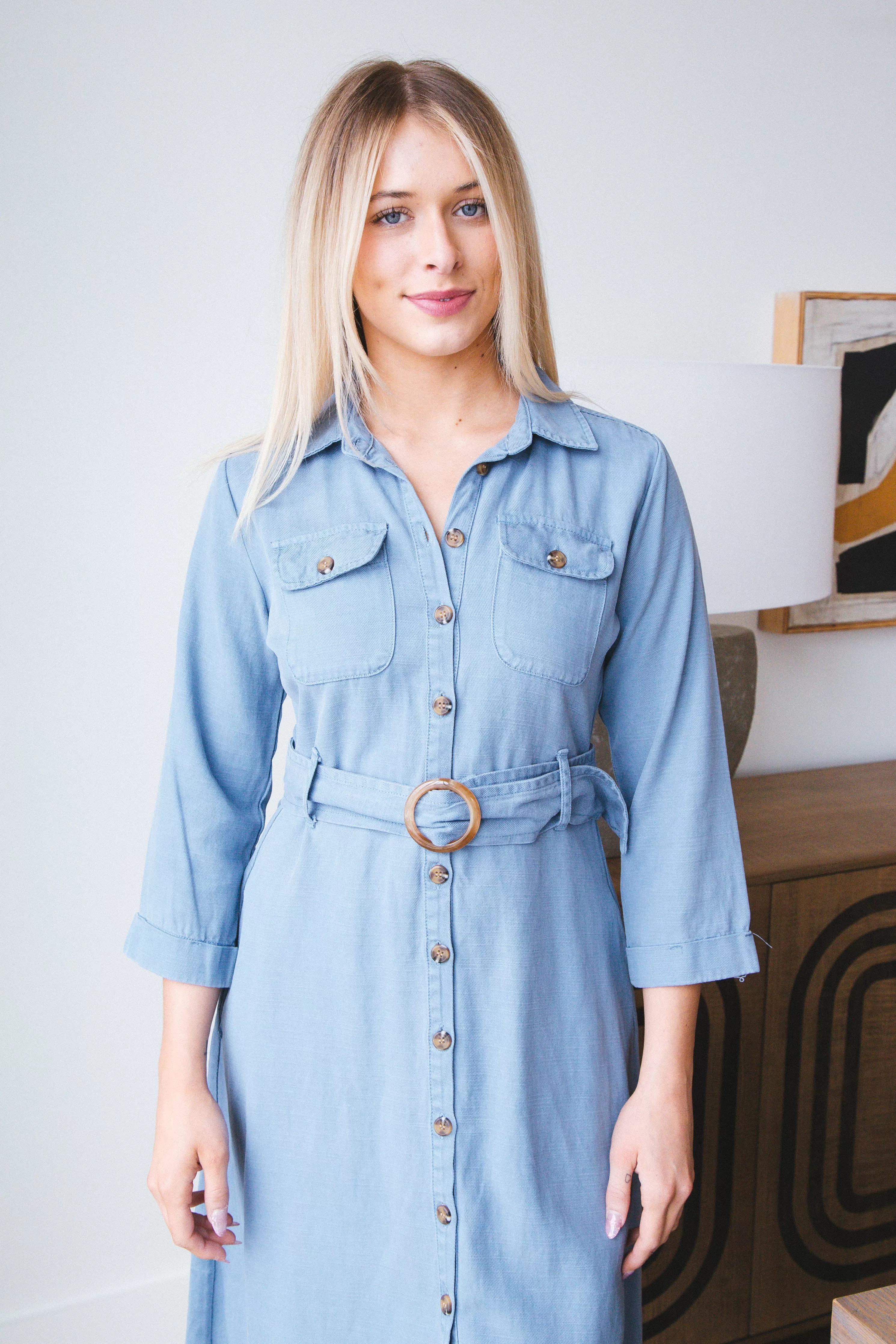 Katia Belted Button Up Midi Dress, Vintage Blue | Velvet Heart