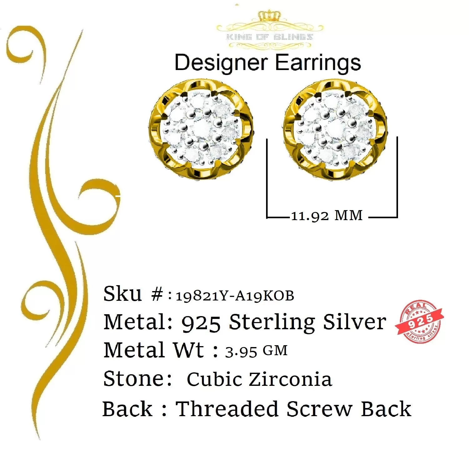 King of Bling's 3.28ct Cubic Zirconia 925 Yellow Silver Women's & Men's Hip Hop Flower Earrings