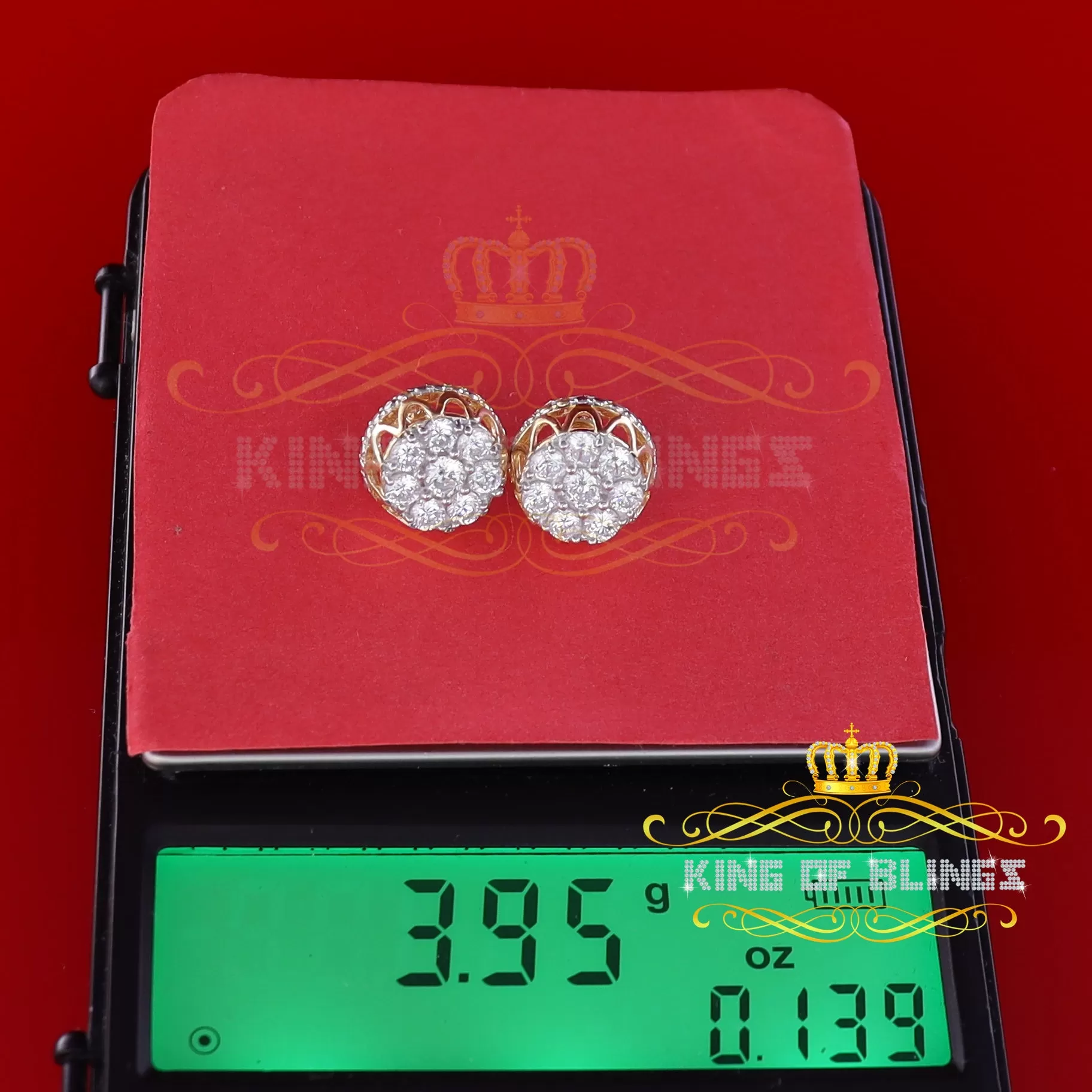 King of Bling's 3.28ct Cubic Zirconia 925 Yellow Silver Women's & Men's Hip Hop Flower Earrings