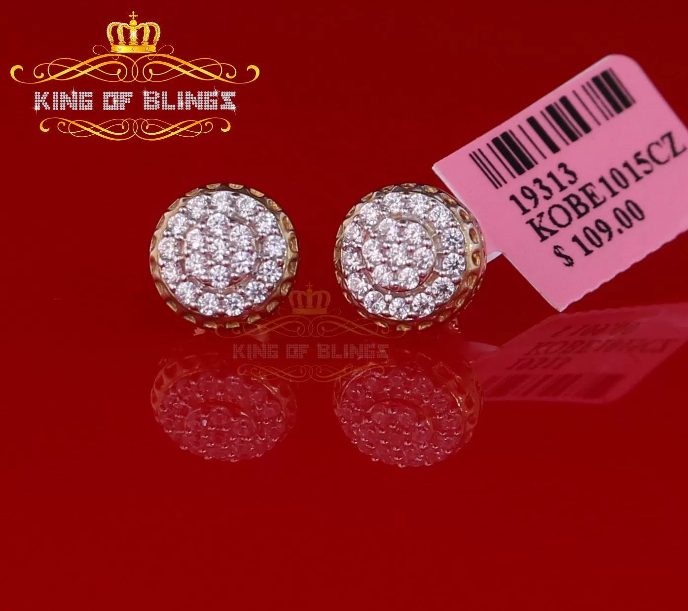 King of Bling's 3.45ct Cubic Zirconia 925 Yellow Silver Women's & Men's Hip Hop Round Earrings