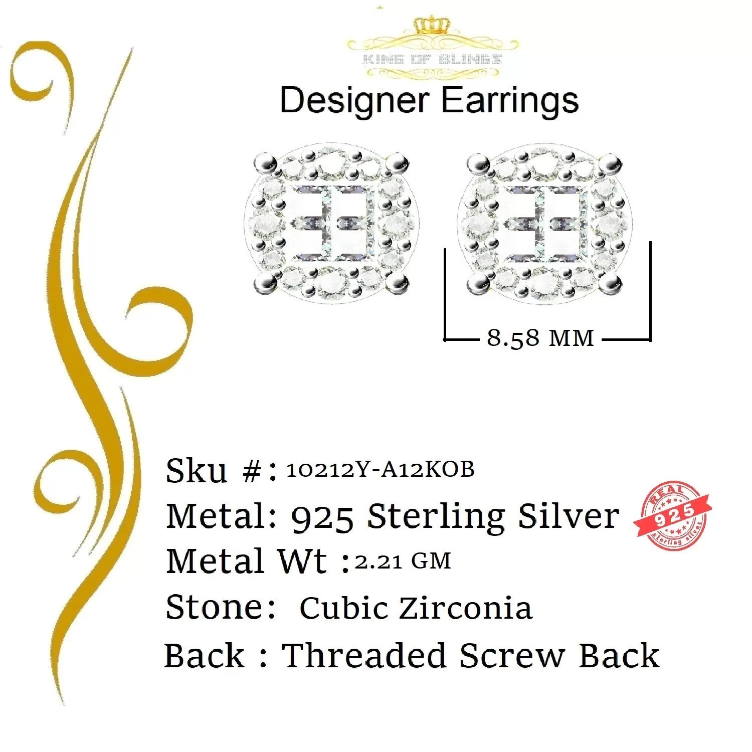 King of Bling's 925 Yellow Silver 0.96ct Cubic Zirconia Women's & Men's Hip Hop Flower Earrings