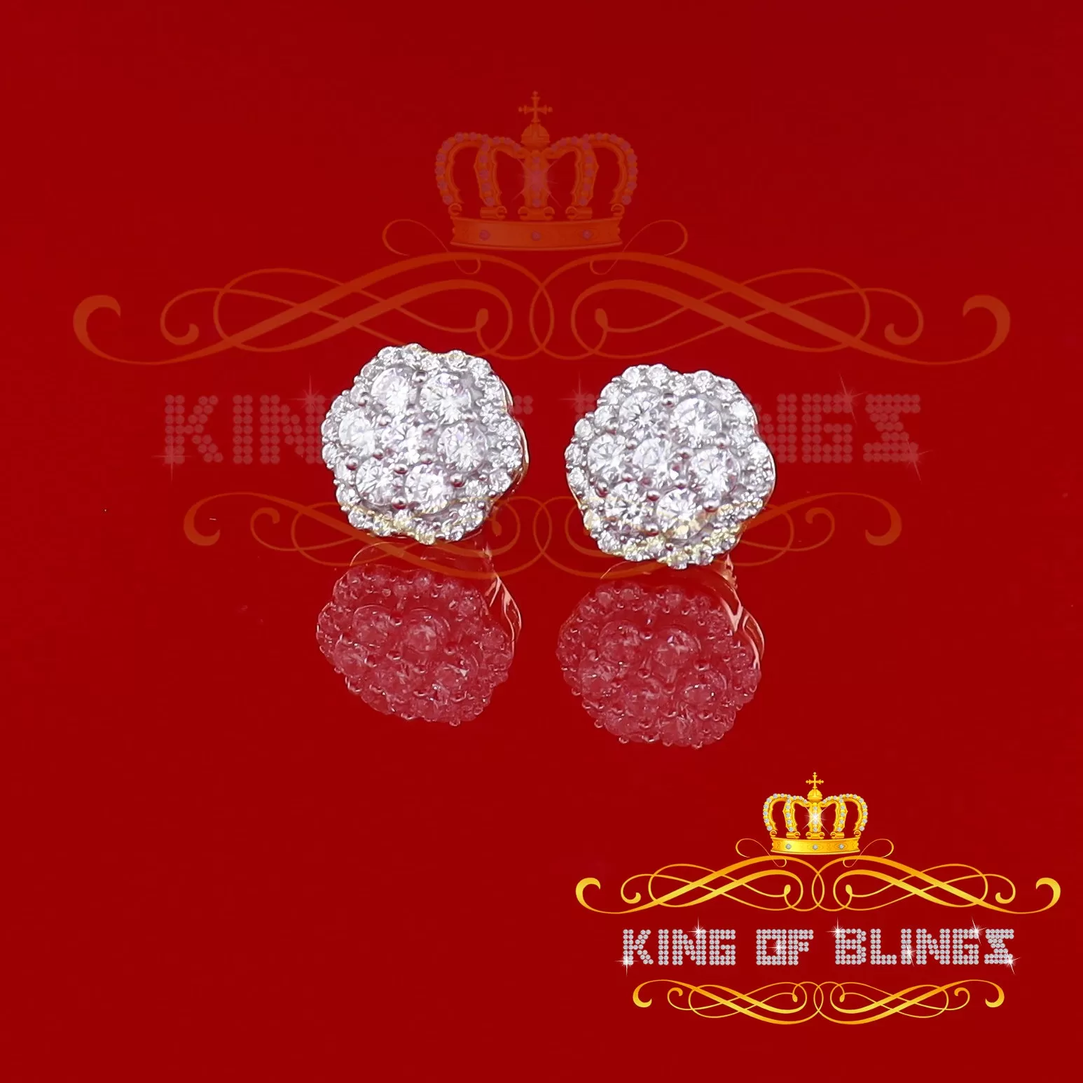 King of Bling's 925 Yellow Silver 1.74ct Cubic Zirconia Flower Earrings For Ladies / Gent's