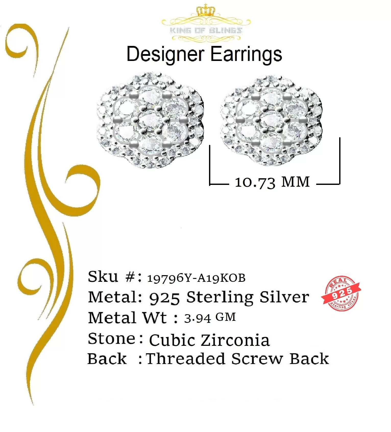 King of Bling's 925 Yellow Silver 2.7ct Cubic Zirconia Flower Fashion Women's & Men's Earrings