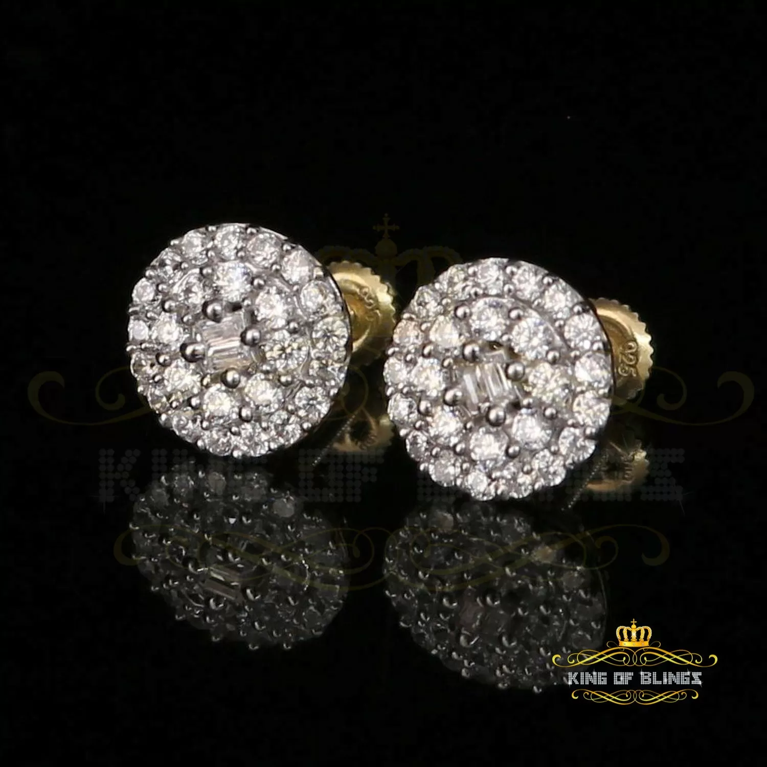 King of Bling's Aretes Para Hombre 925 Yellow Silver 1.86ct Cubic Zirconia Round Women's Earring