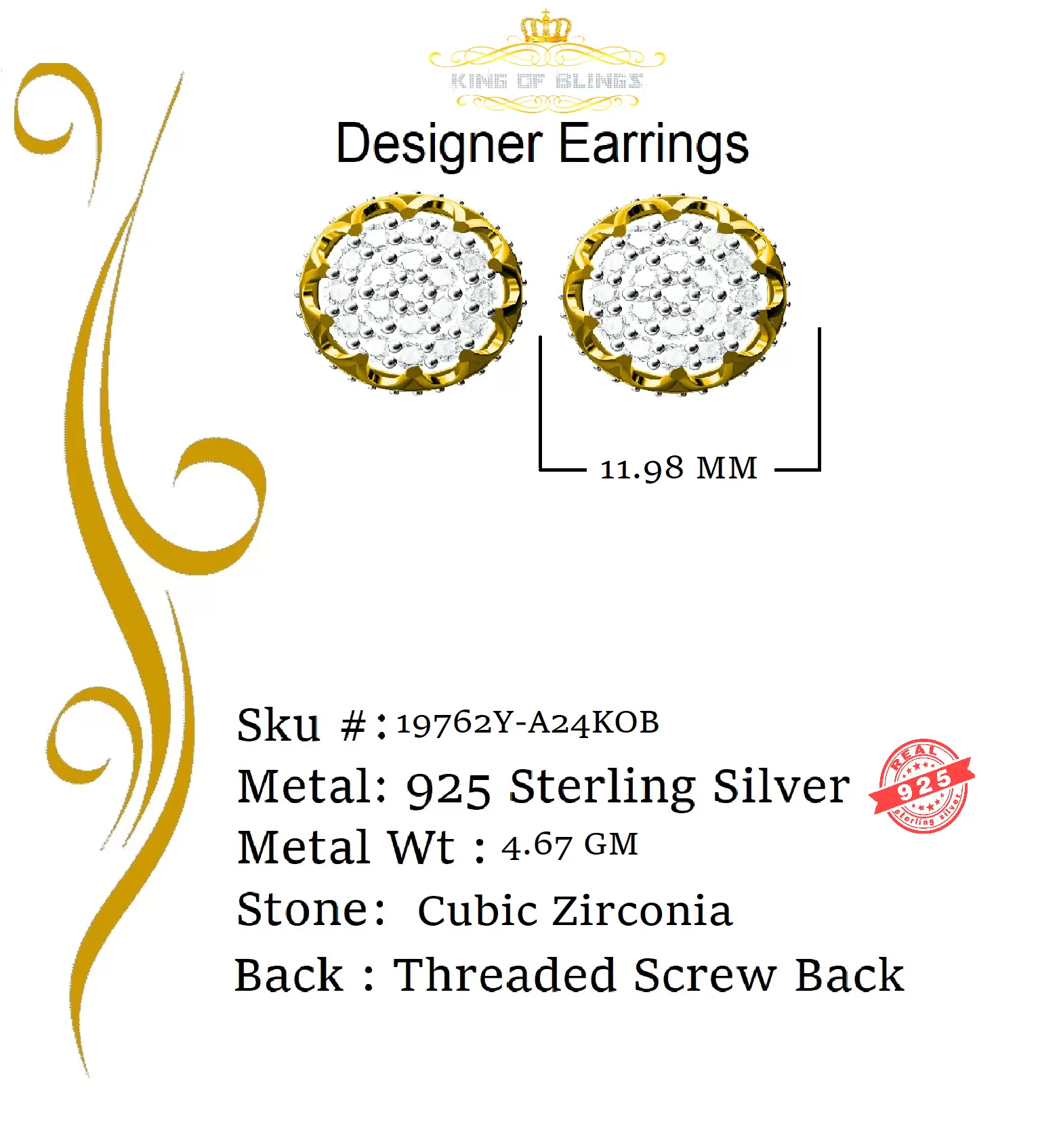 King of Bling's Hip Hop Yellow 925 Silver 2.04ct Cubic Zirconia Women's & Men's Floral Earrings