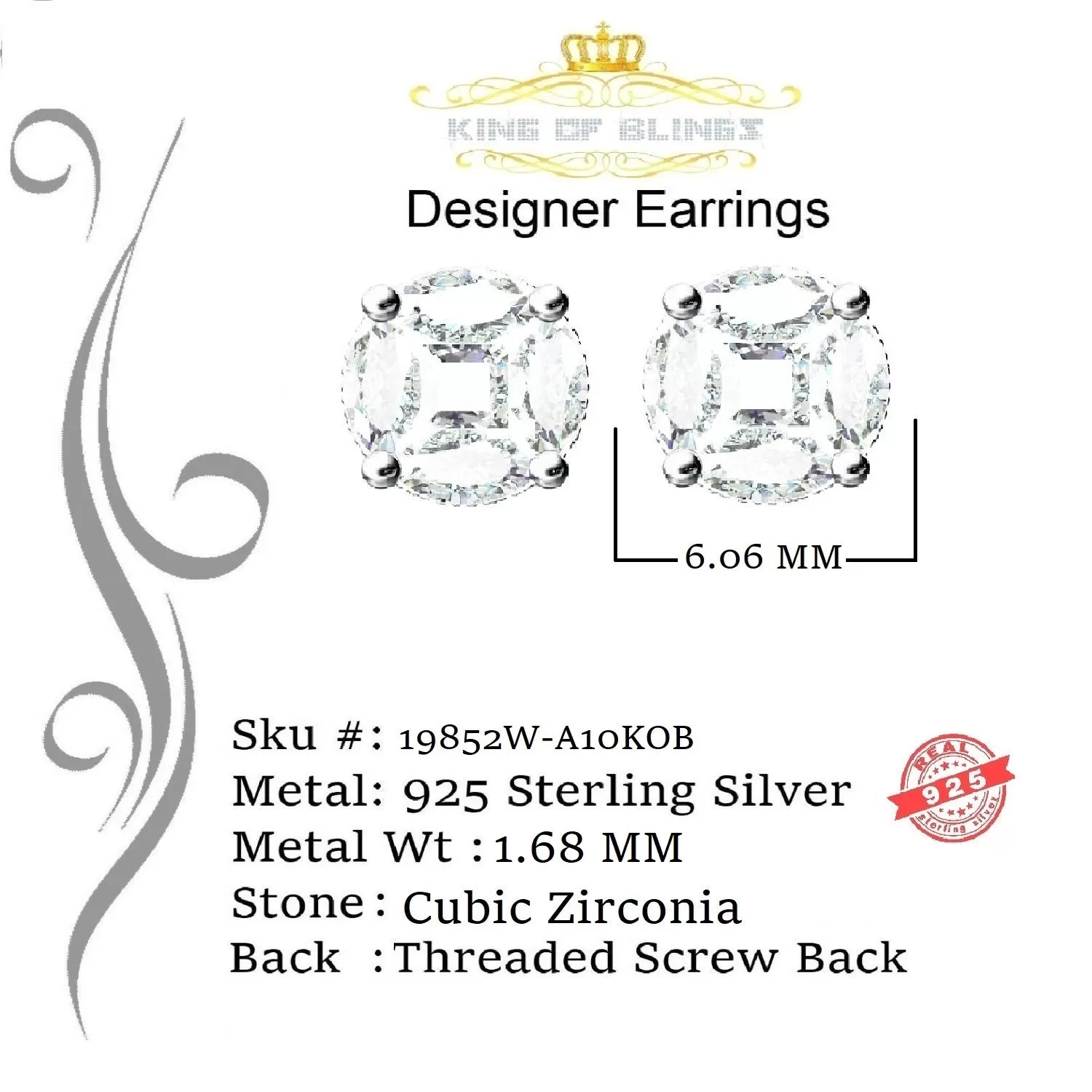 King of Bling's Yellow 1.43ct Sterling Silver Cubic Zirconia Round Earrings For Men's & Women's