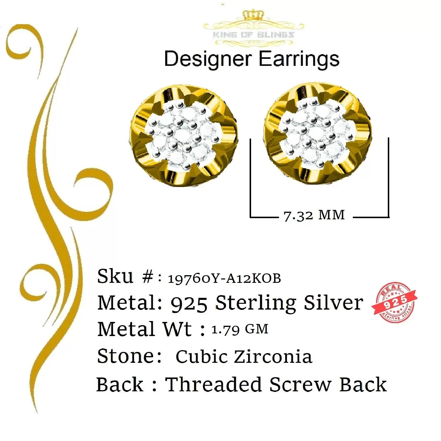 King of Bling's Yellow 925 Silver Sterling 0.36ct Cubic Zirconia Hip Hop Floral Women's Earrings