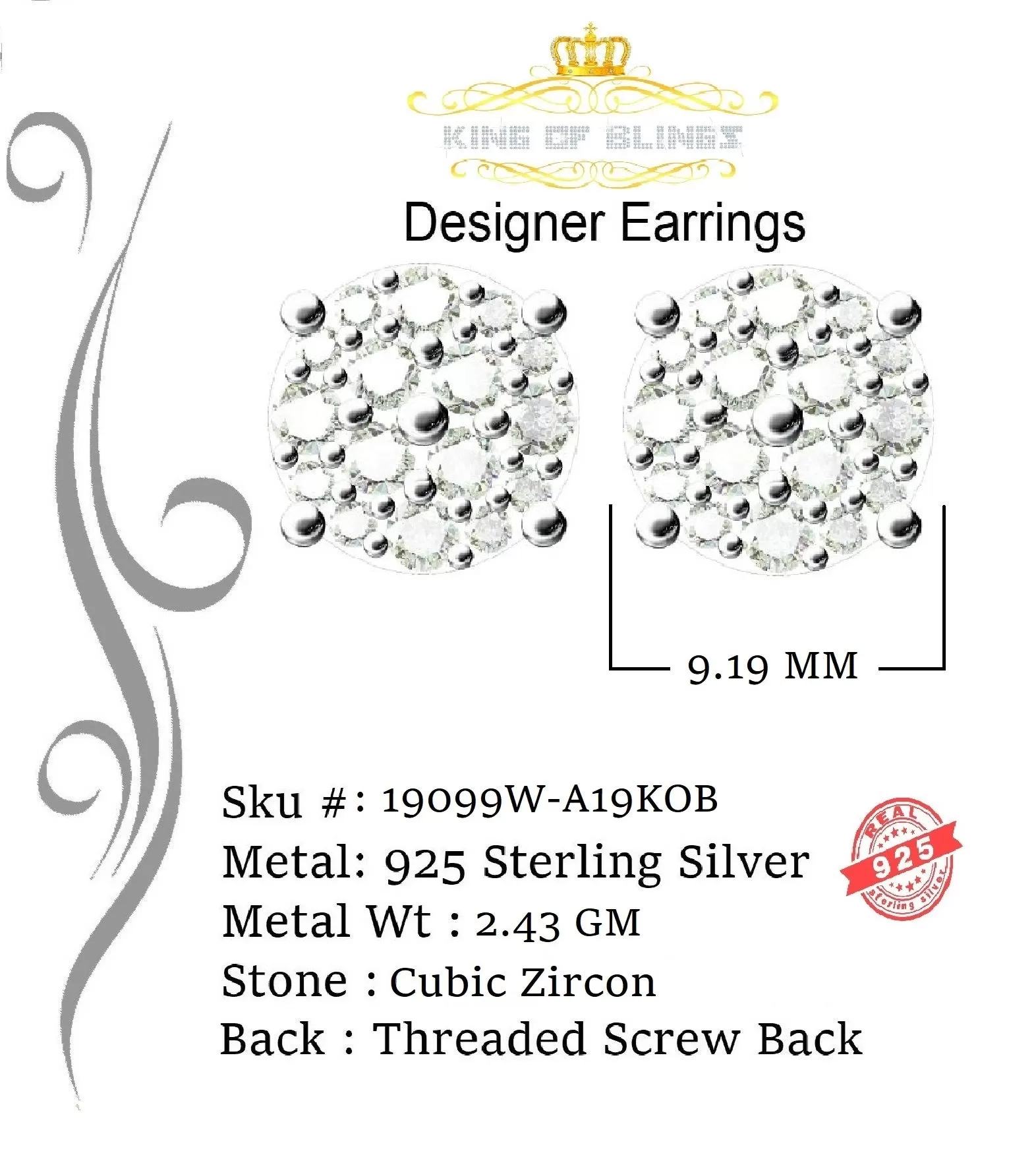 King of Blings- Aretes Para Hombre 925 White Silver 2.48ct Cubic Zirconia Round Women's Earring