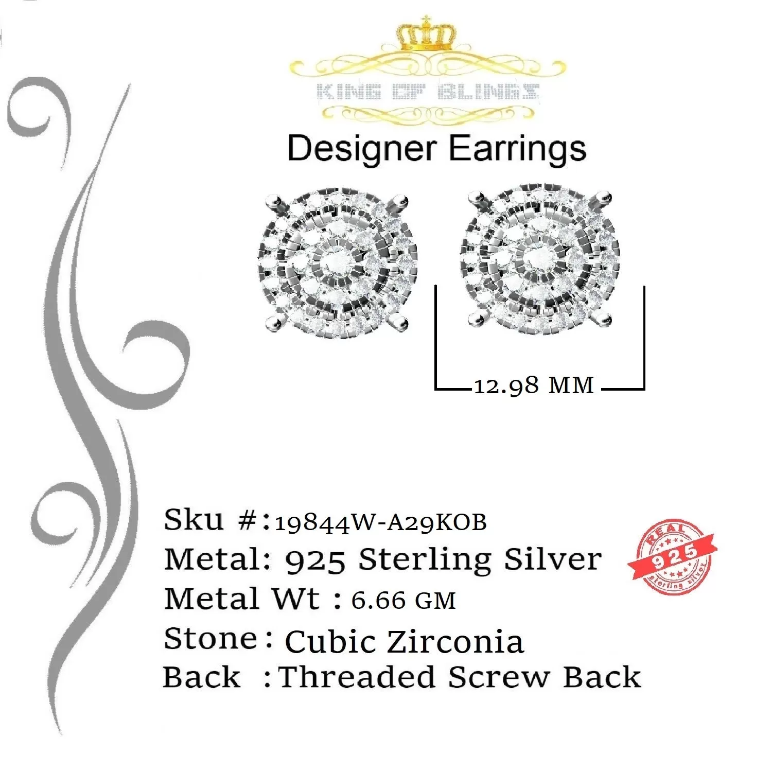 King of Blings- Aretes Para Hombre 925 White Silver 2.82ct Cubic Zirconia Round Women's Earrings