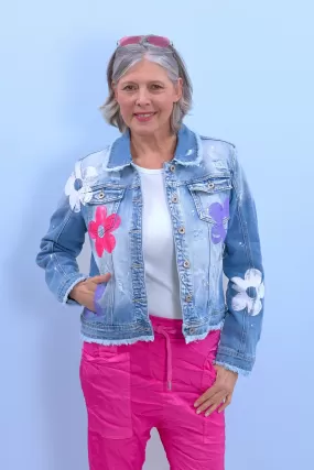 Kurze Jeansjacke mit Blumen, blue denim