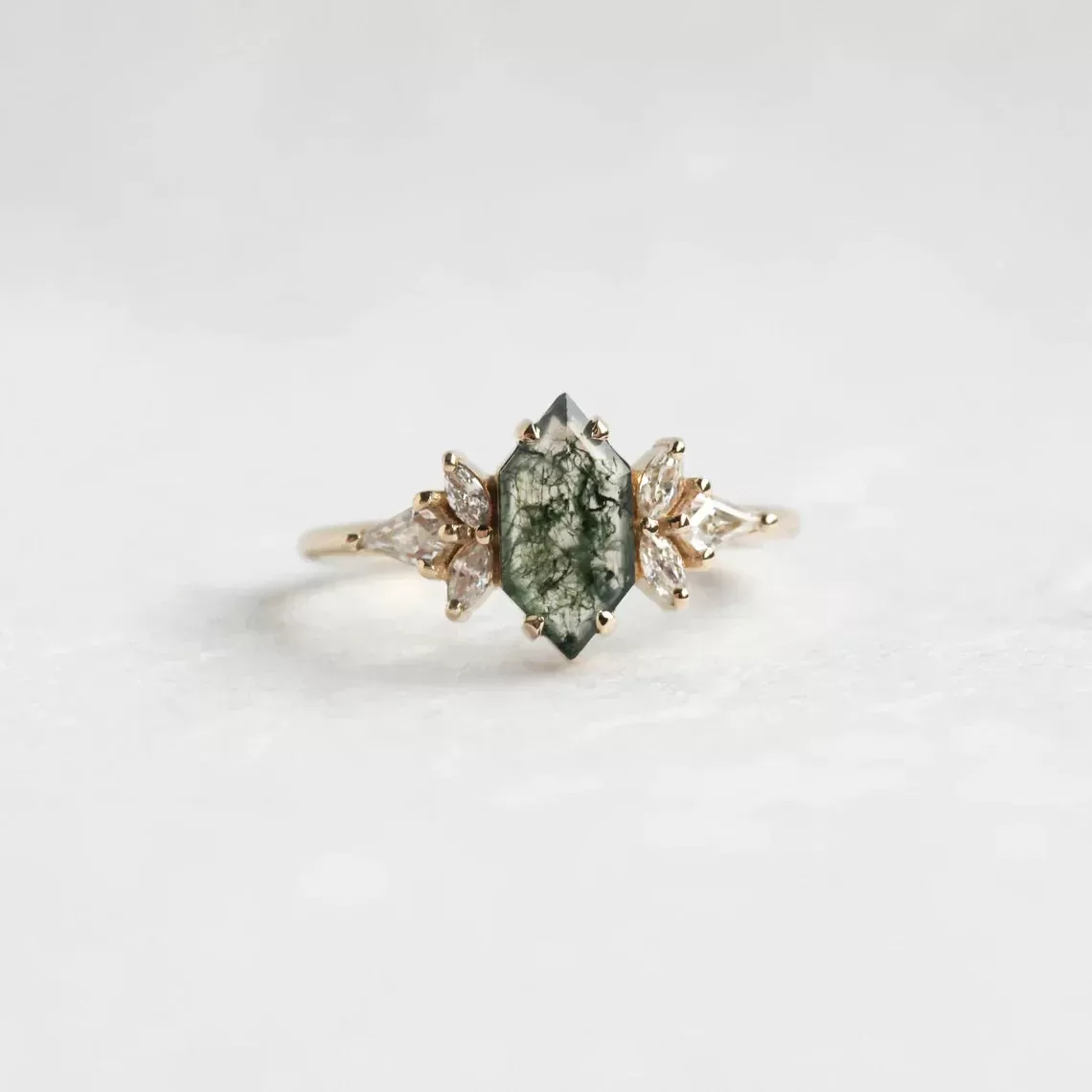 Lara Hexagon Moss Agate Diamond Cluster Engagement Ring