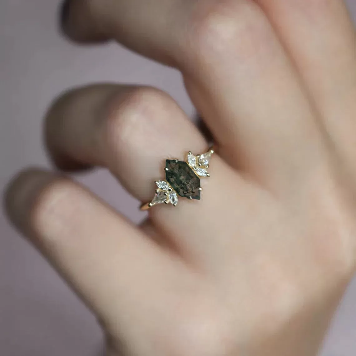 Lara Hexagon Moss Agate Diamond Cluster Engagement Ring