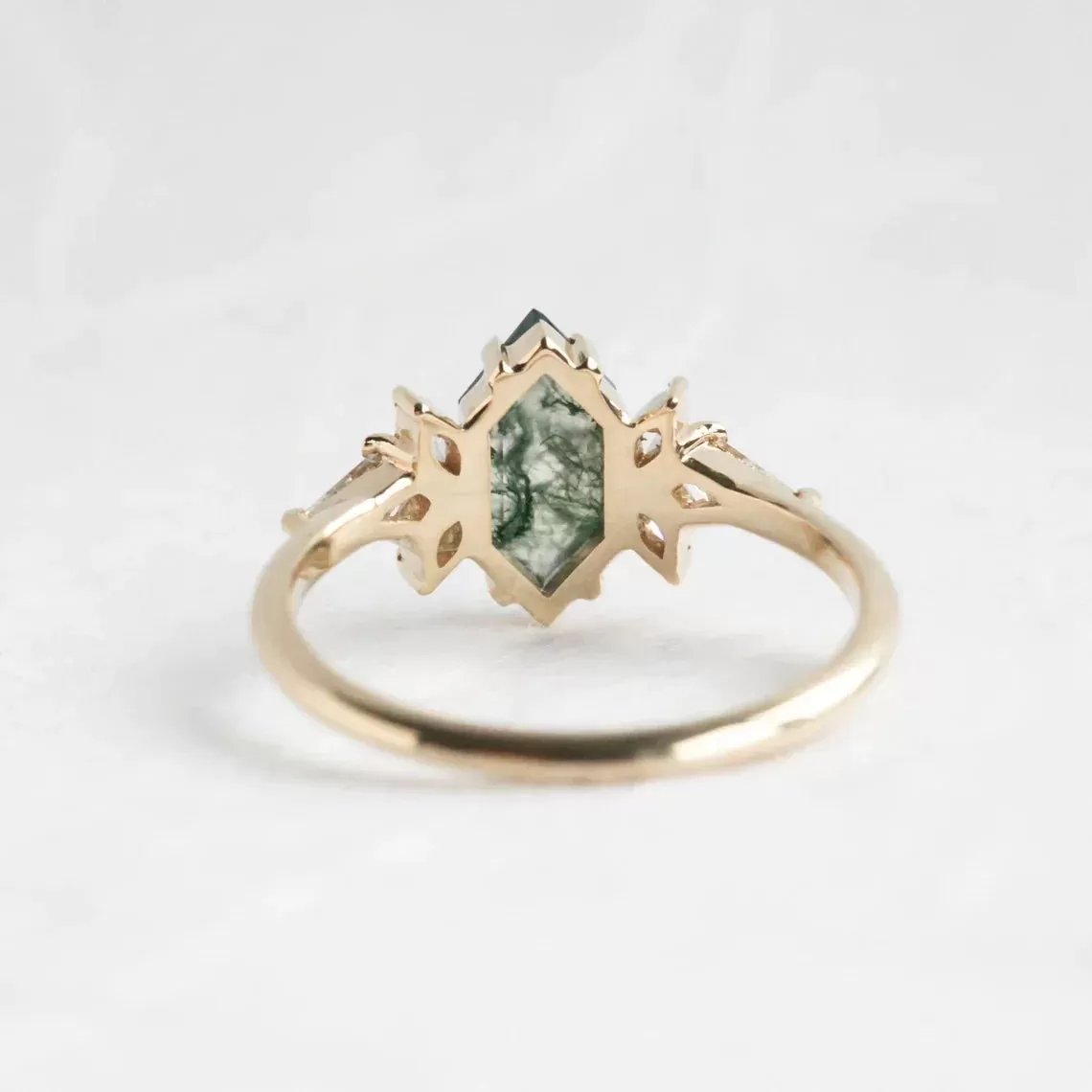 Lara Hexagon Moss Agate Diamond Cluster Engagement Ring