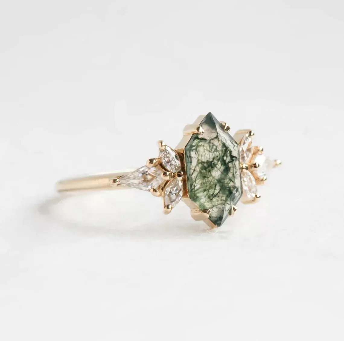 Lara Hexagon Moss Agate Diamond Cluster Engagement Ring