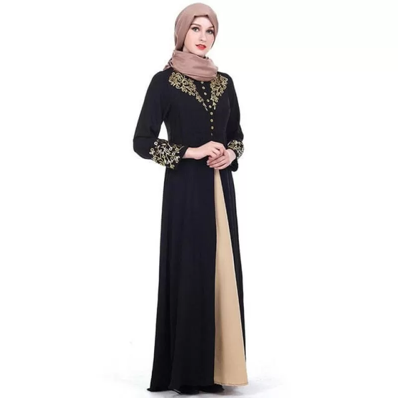 Long Black Dubai Abaya with Gold Stamping Print and Mauve Hijab