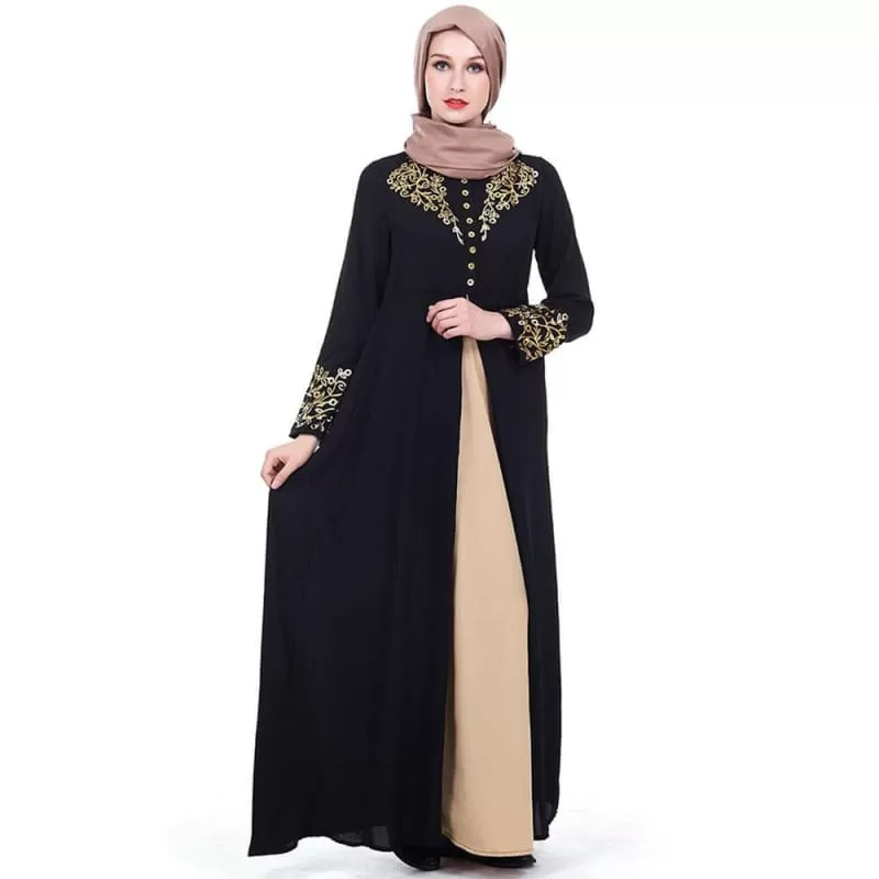 Long Black Dubai Abaya with Gold Stamping Print and Mauve Hijab