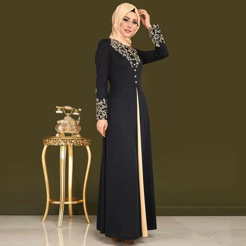 Long Black Dubai Abaya with Gold Stamping Print and Mauve Hijab