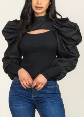 Ma Cherie Puff Long Sleeve Rib Cotton Top (Black) MT2450