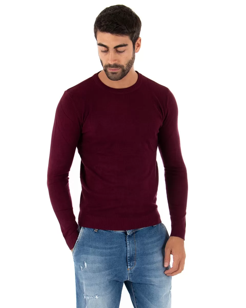 Maglioncino Uomo Casual Maglia Girocollo Tinta Unita Basic Prugna GIOSAL-M2504A