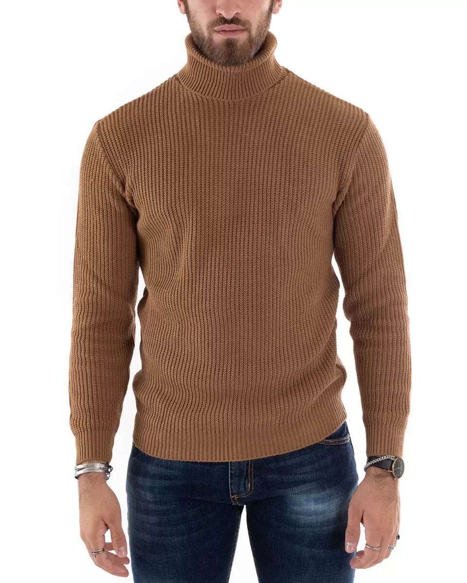 Maglioncino Uomo Collo Alto Tinta Unita Camel Maglia Inglese Dolcevita Basic GIOSAL-M2358A