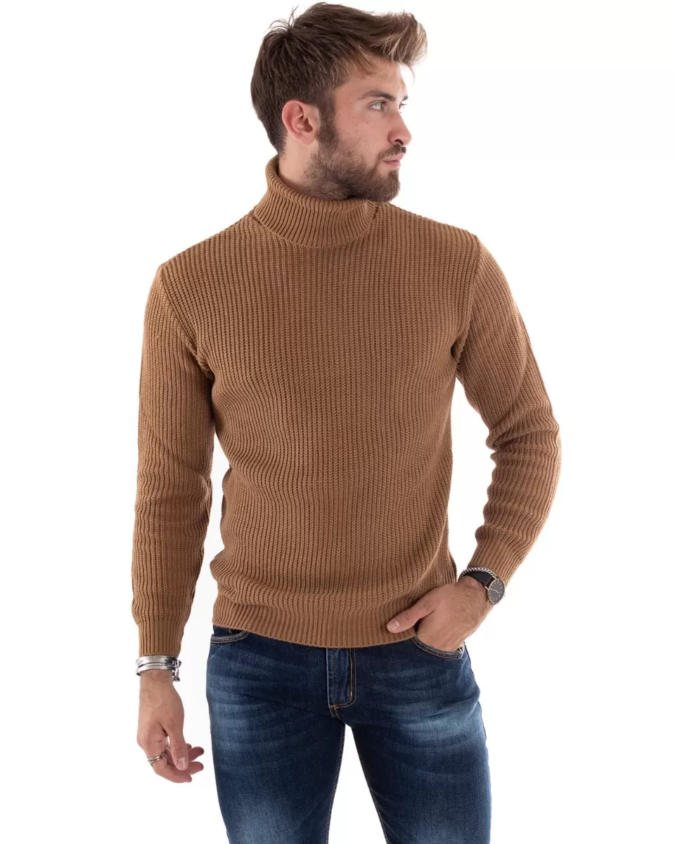 Maglioncino Uomo Collo Alto Tinta Unita Camel Maglia Inglese Dolcevita Basic GIOSAL-M2358A