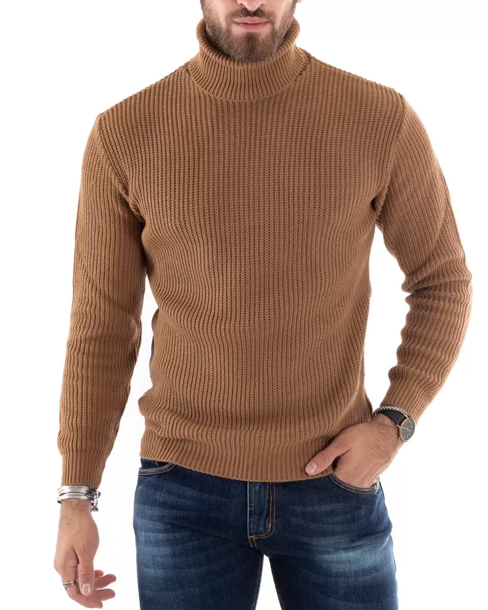 Maglioncino Uomo Collo Alto Tinta Unita Camel Maglia Inglese Dolcevita Basic GIOSAL-M2358A