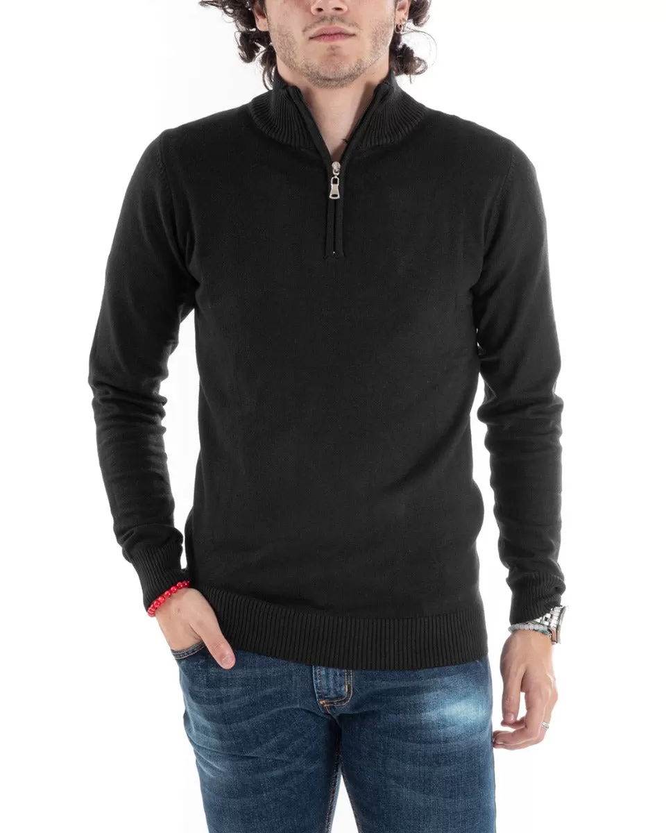 Maglioncino Uomo Maglia Basic Pullover Mezza Zip Tinta Unita Nero GIOSAL-M2621A