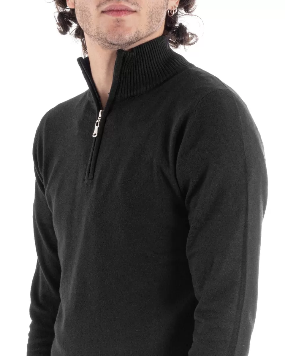 Maglioncino Uomo Maglia Basic Pullover Mezza Zip Tinta Unita Nero GIOSAL-M2621A