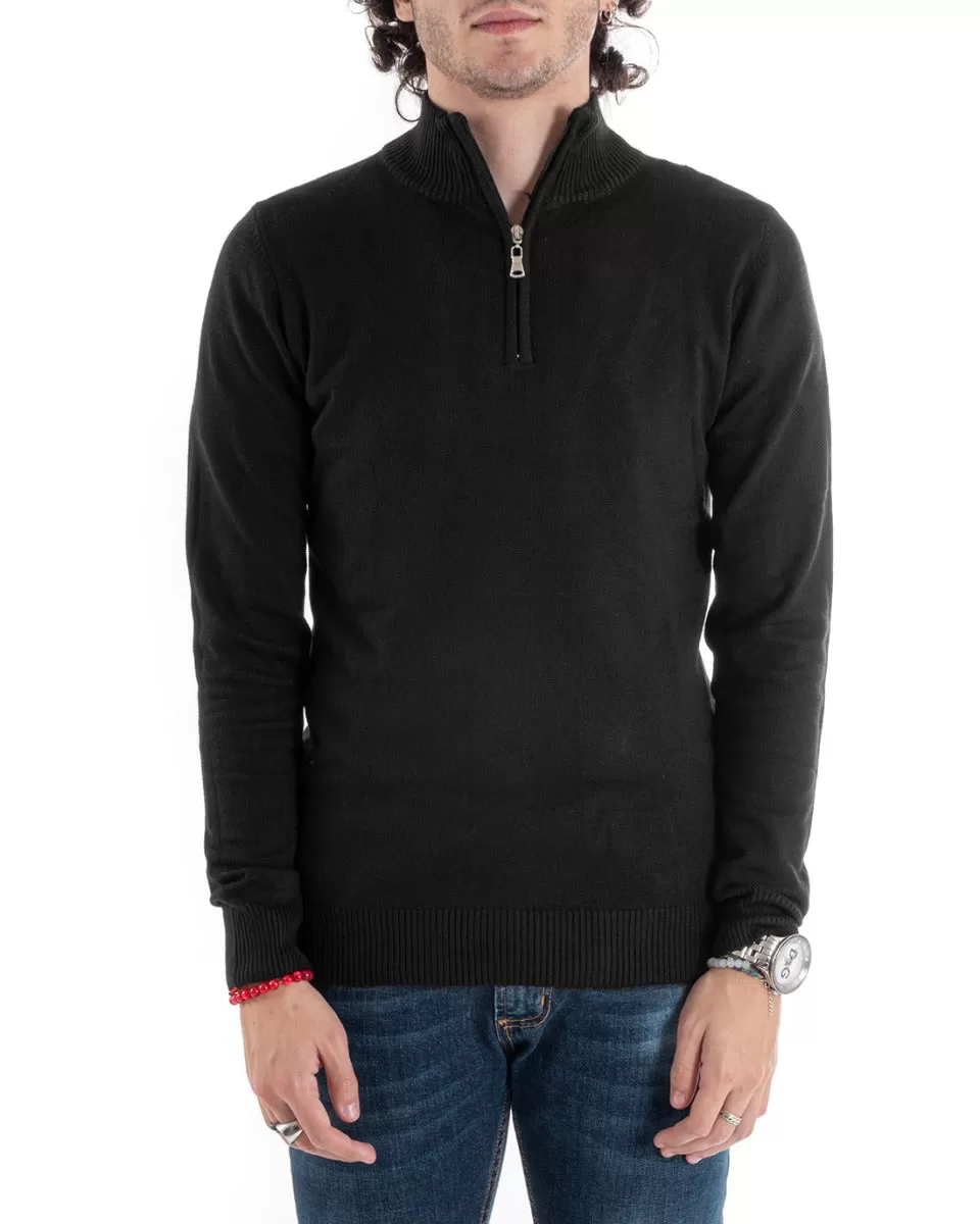 Maglioncino Uomo Maglia Basic Pullover Mezza Zip Tinta Unita Nero GIOSAL-M2621A