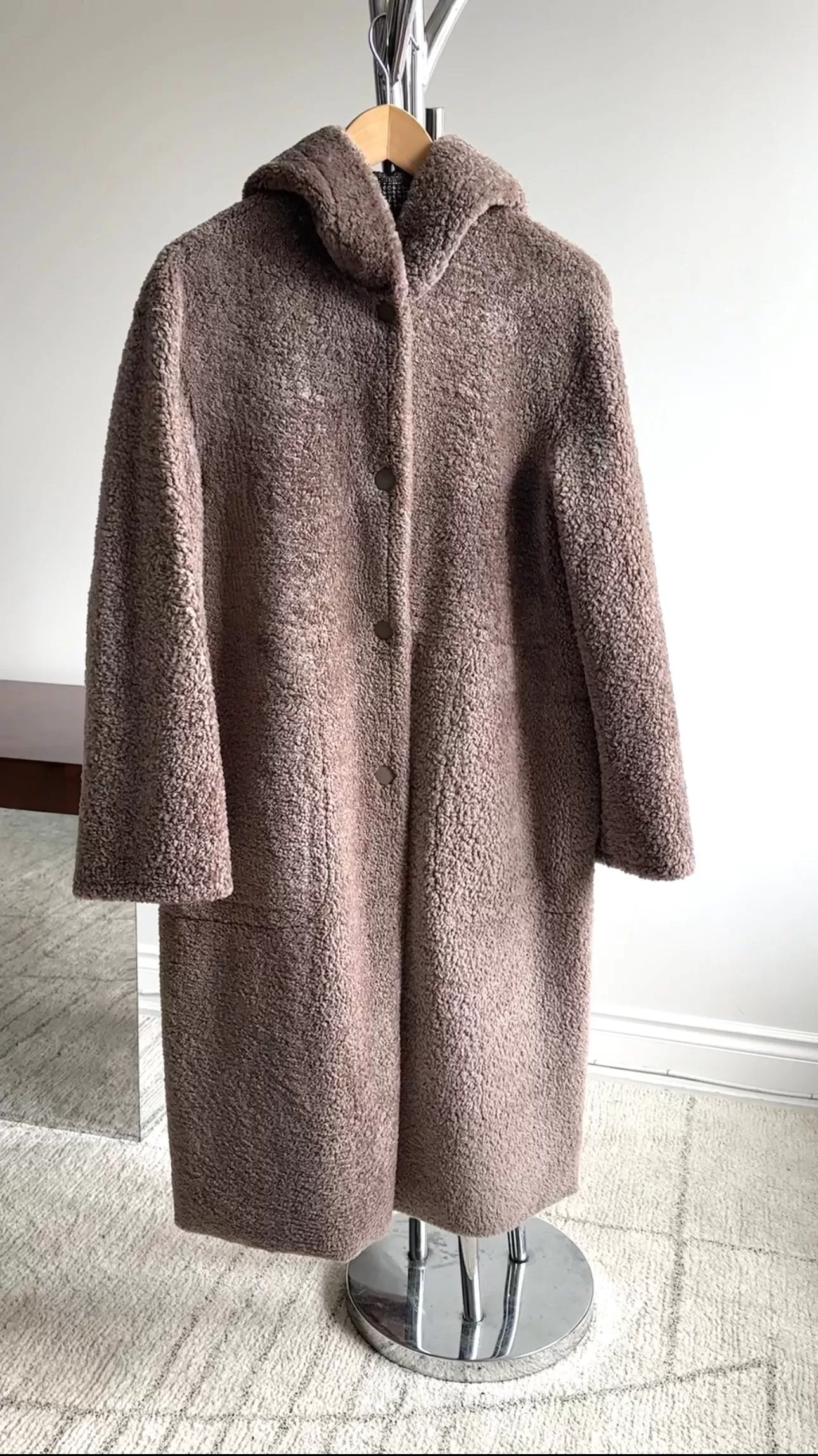 Manzoni 24 Taupe Shearling and Brown Houndstooth Reversible Hooded Coat - IT40 / USA S