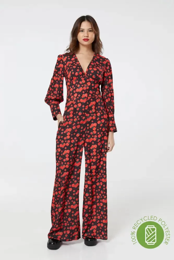 Marina V Neck Full Sleeves Apple Wide Leg Jumpsuit