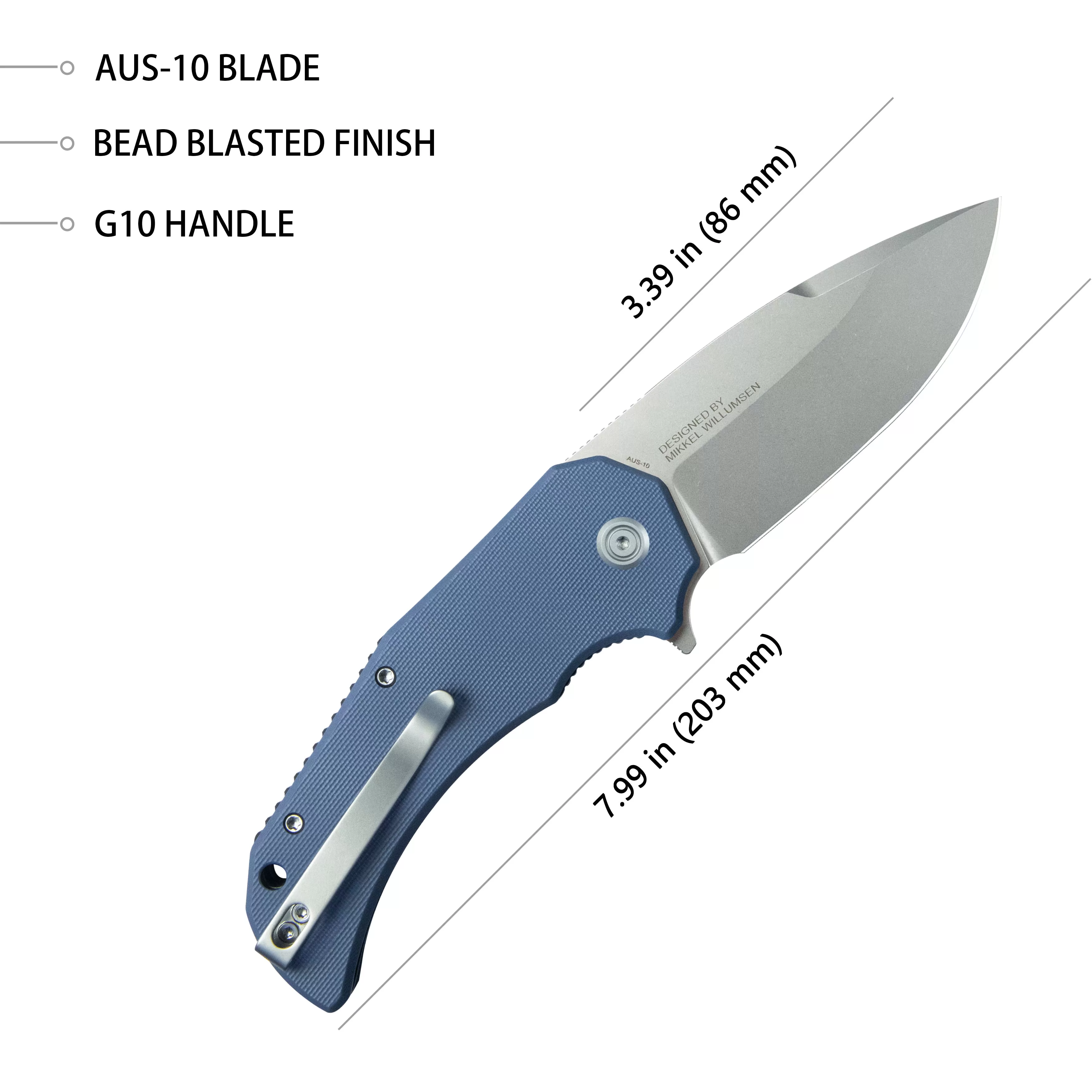 Mikkel Willumsen Design Bravo one Drop Point Outdoor Folding Camping Knife Blue G10 Handle 3.39 Beadblast AUS-10 KU319A