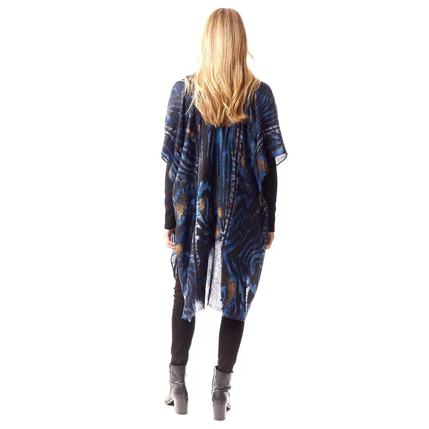 Mixed Animal Printed Gold Foil Accented Ruana Poncho