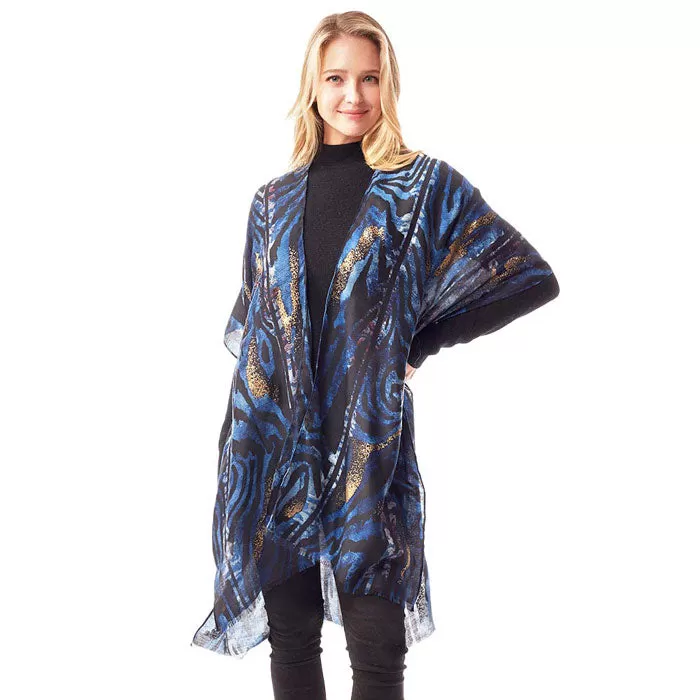 Mixed Animal Printed Gold Foil Accented Ruana Poncho