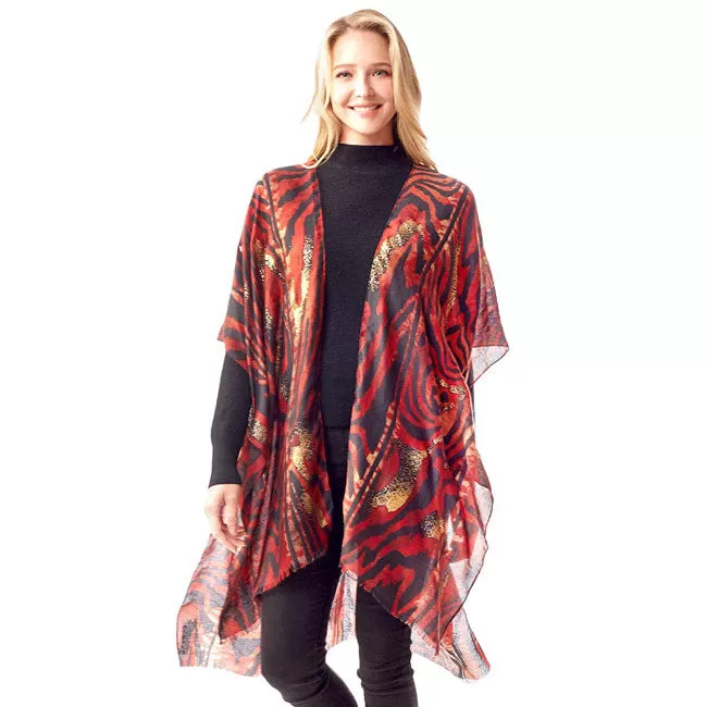 Mixed Animal Printed Gold Foil Accented Ruana Poncho