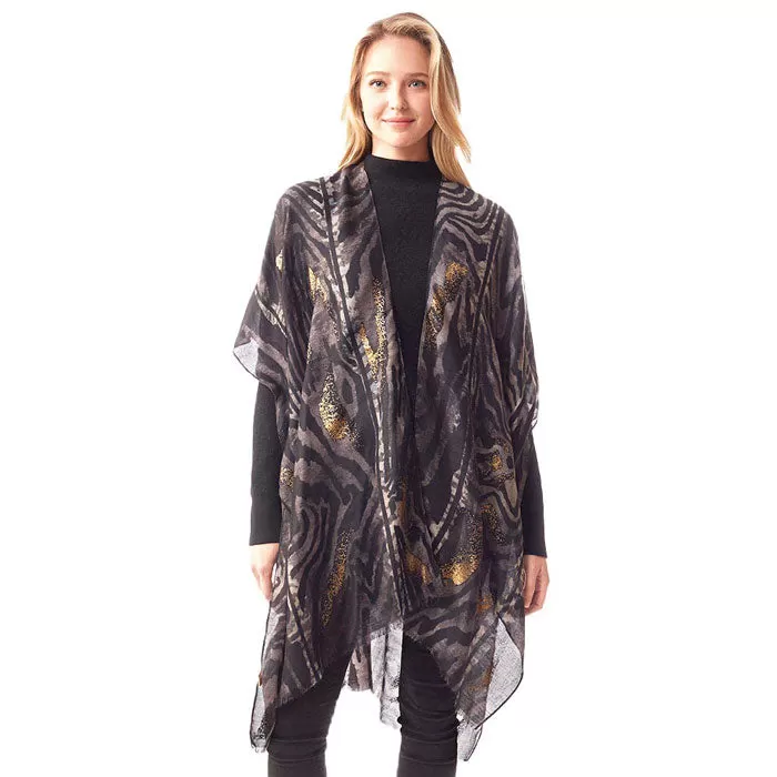 Mixed Animal Printed Gold Foil Accented Ruana Poncho