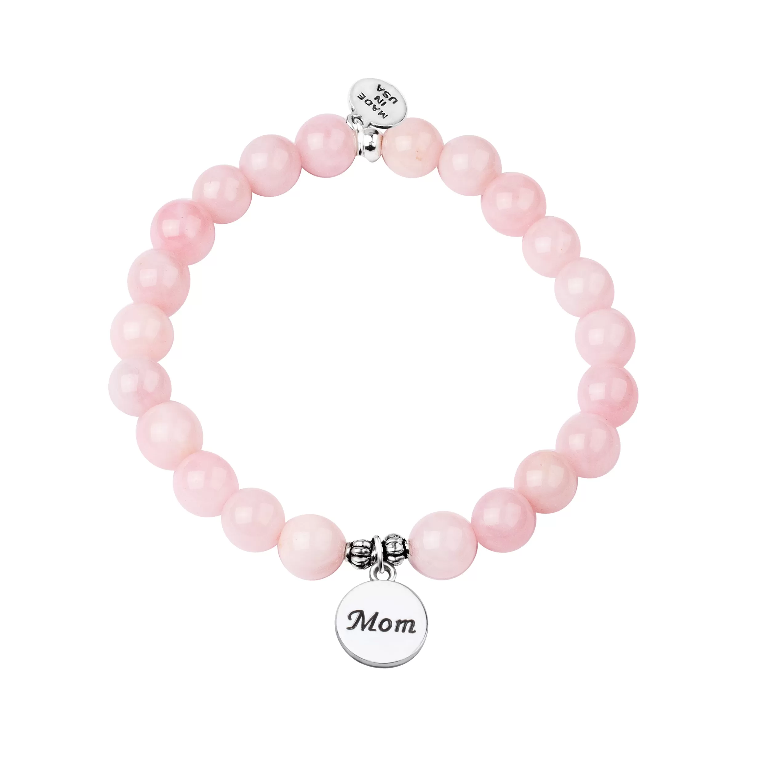 Mom | Stone Beaded Charm Bracelet | Rose Quartz