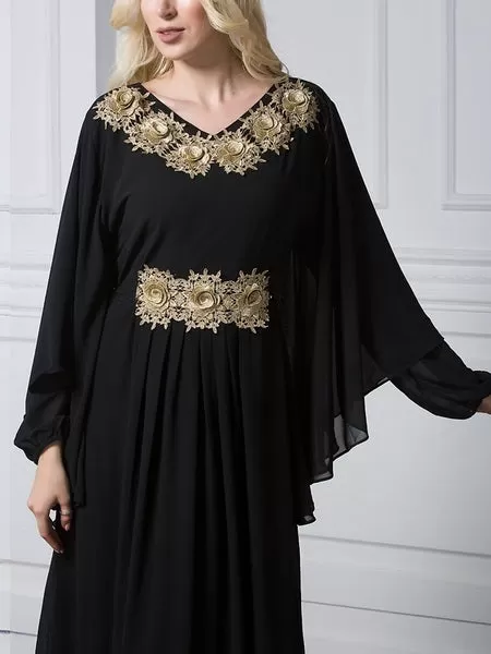 Morgana Plus Size Hijab Muslim Jubah Abaya Evening Gold Embellishment Short Sleeve Maxi Dress